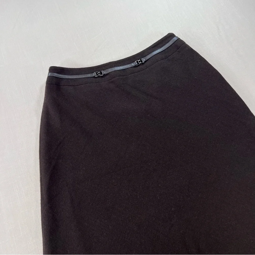 Jones New York Wool Skirt Size 6 Brown Leather Trim Zip Waist
